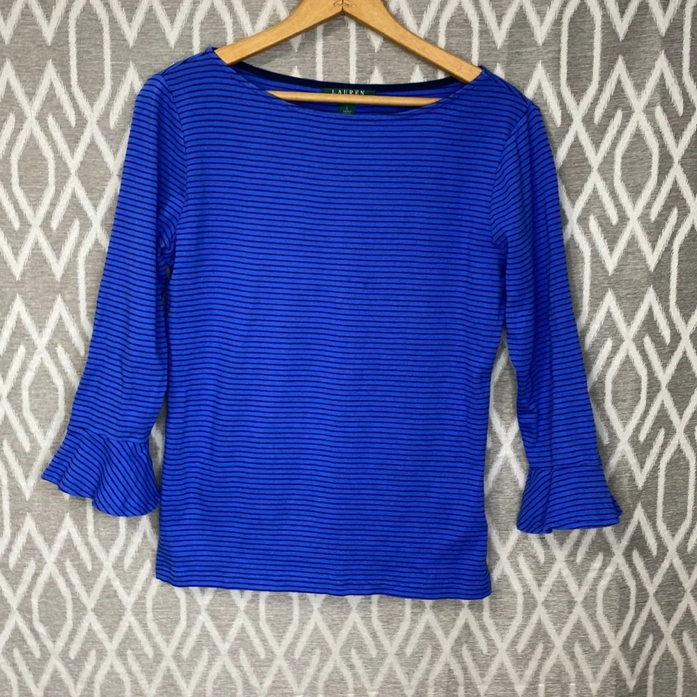 Lauren Ralph Lauren 3/4 Sleeve Boat Neck Stripe Tee with Ruffle Cuff Size: Large